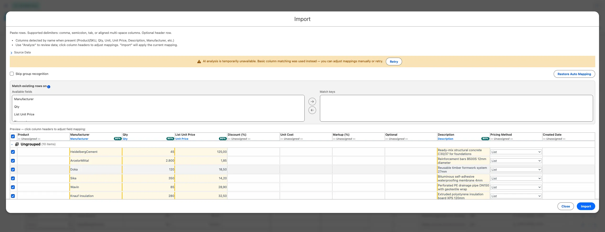 Reviewing and adjusting the detected column-to-field mapping