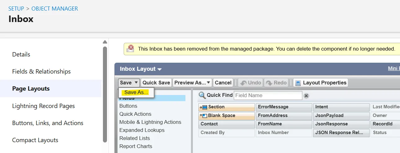 Saving the layout as a new copy (e.g. "Copy of Inbox Layout")