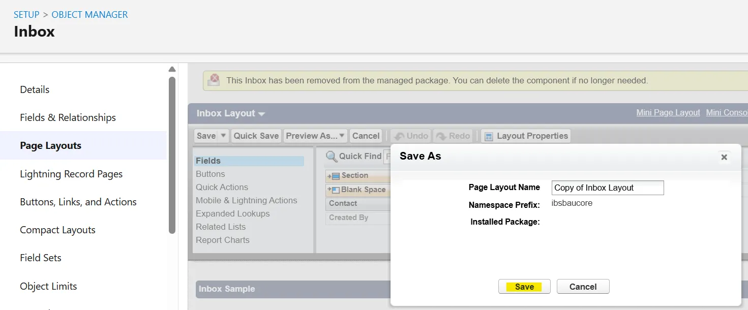 Choosing Delete from the Page Layouts list dropdown