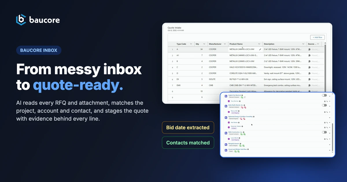 Baucore Inbox turns a messy inbox into a quote-ready record: Quote Intake line items and matched project participants