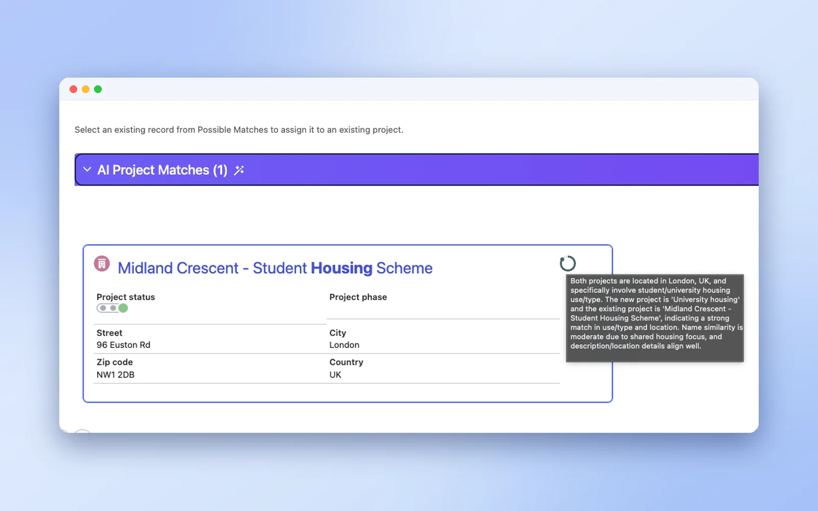 Baucore AI Project Match result for a student housing scheme with the AI explanation of why the projects match