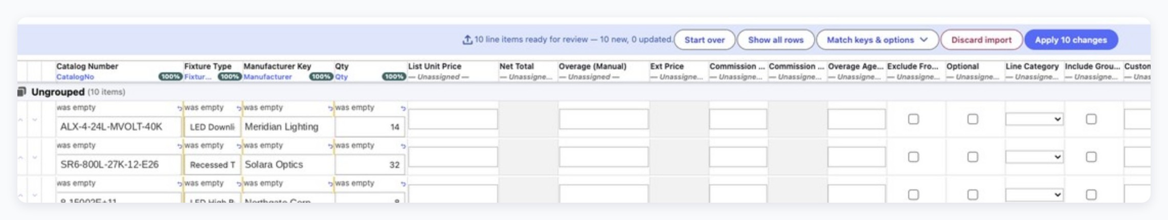 Close-up of the Quote Agent review bar reading ten line items ready for review, ten new and zero updated, above matched column headers each marked one hundred percent confidence