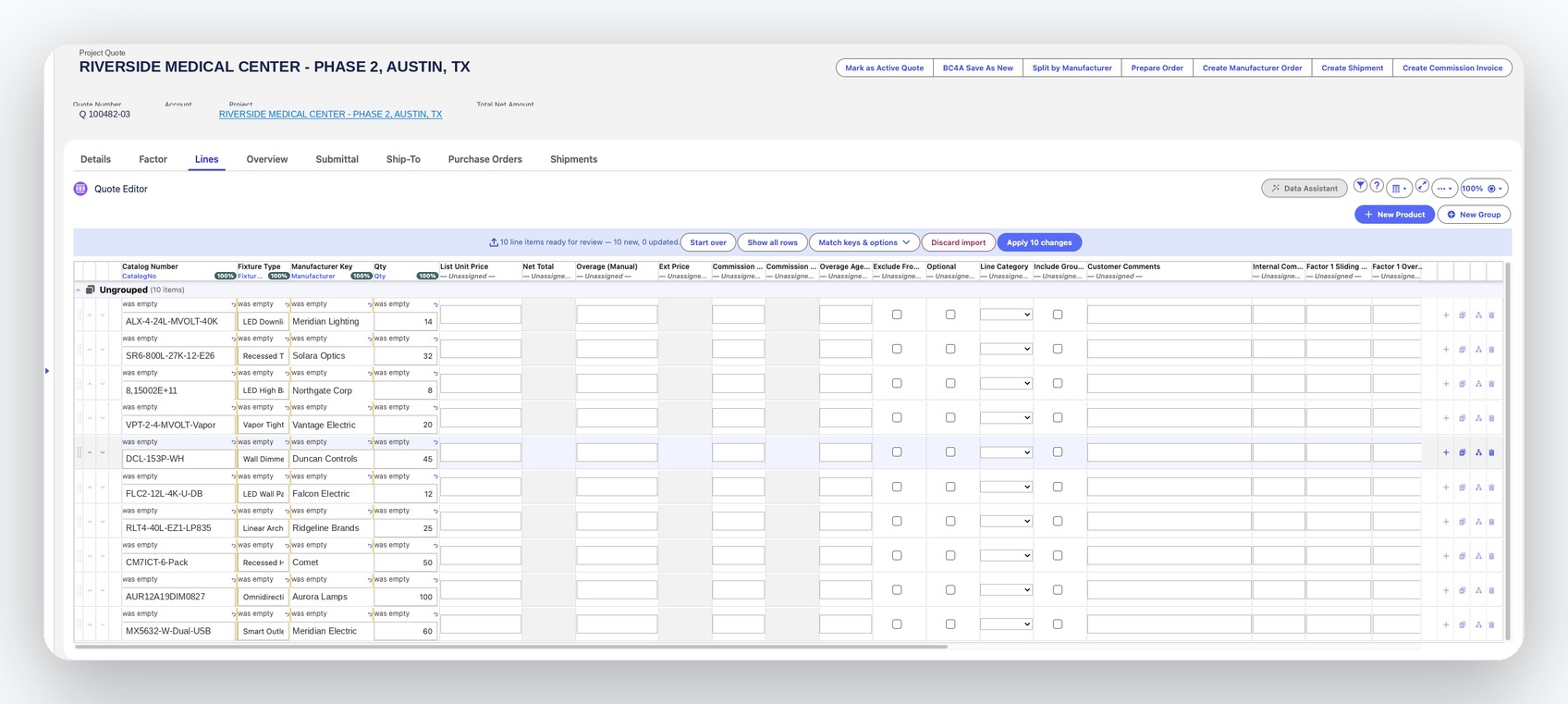 Quote Agent import preview mapping pasted catalog numbers, manufacturers and quantities to quote fields, with confidence scores on each matched column