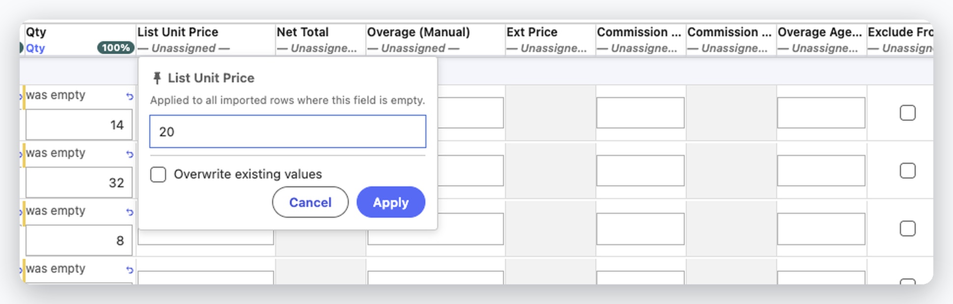Close-up of the Quote Agent default value dialog for List Unit Price, applied to all imported rows where the field is empty, with the overwrite existing values checkbox left unticked