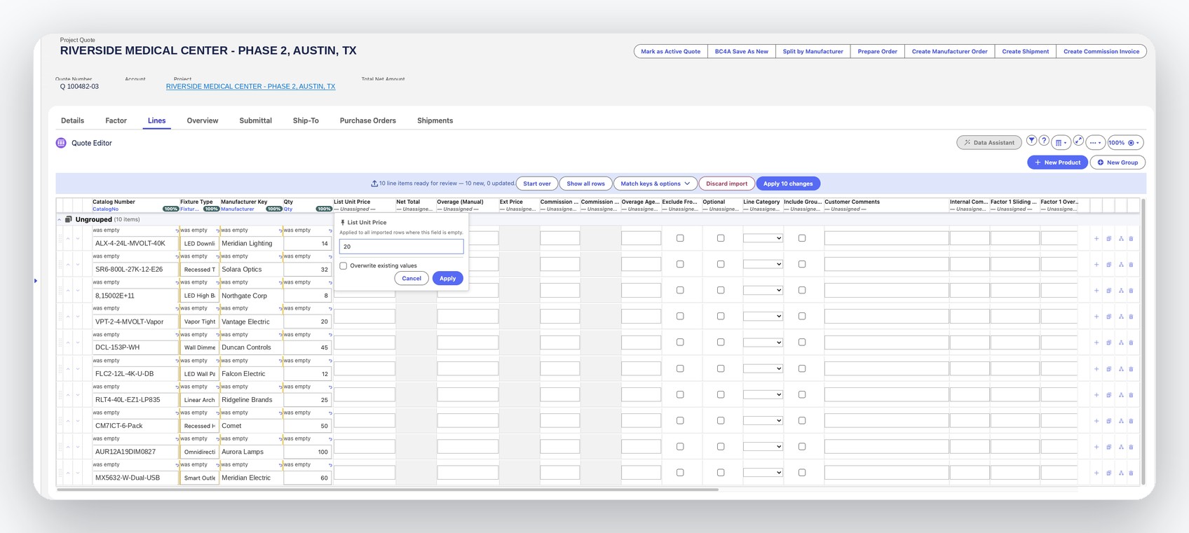 Quote Agent applying a default list unit price across all imported quote rows where the field is still empty