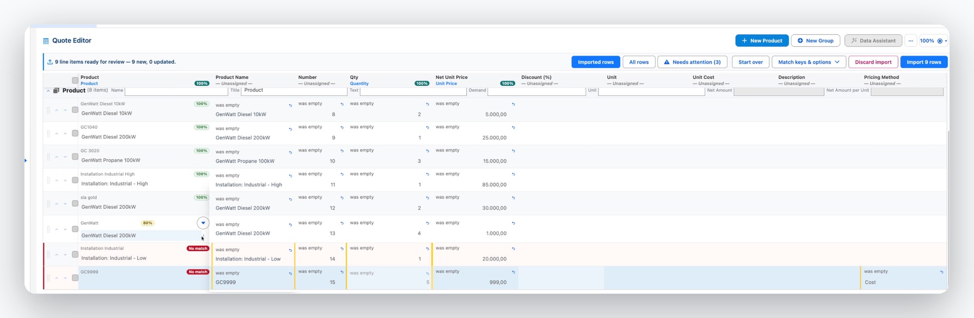Baucore quote editor showing nine imported line items automatically triaged, with a "Needs attention (3)" toolbar count and two rows flagged "No match" for review