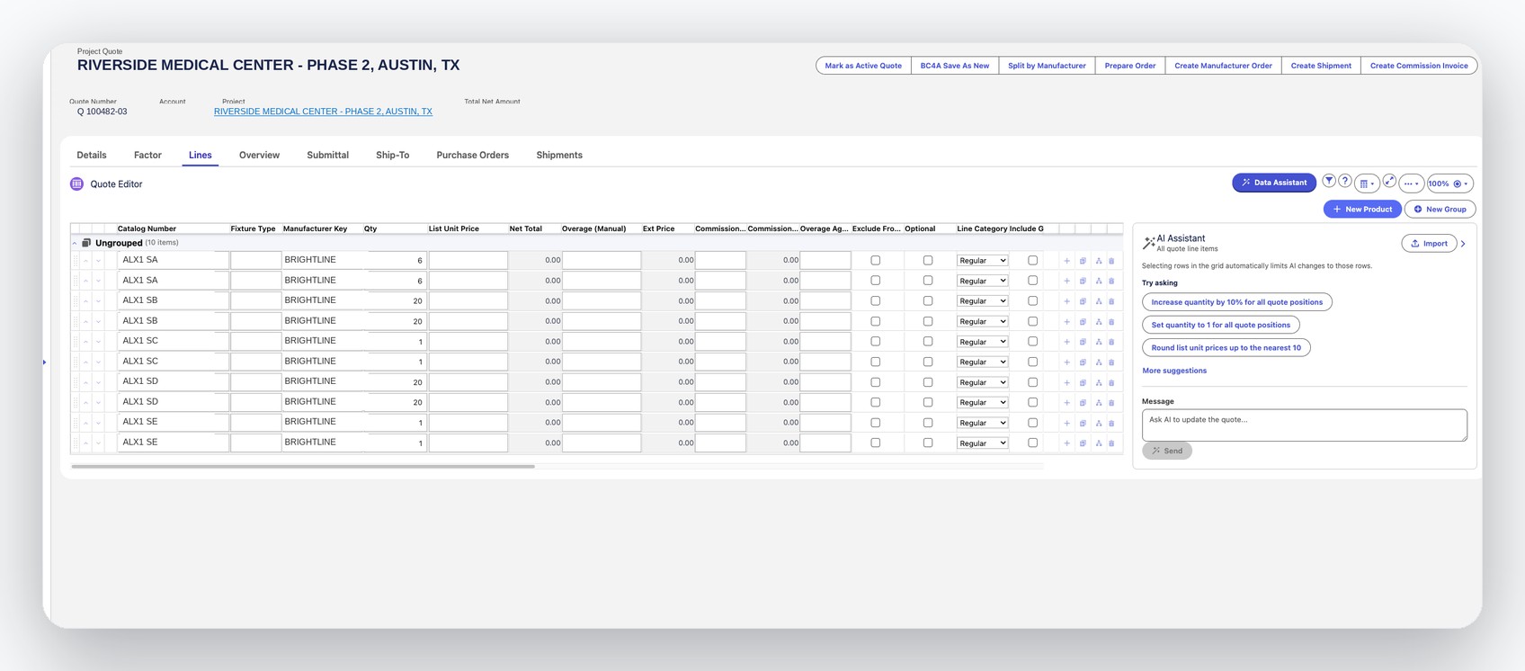 Baucore quote editor with the AI Assistant panel open beside the same triaged grid, showing suggested bulk-edit prompts available even while flagged rows are still under review