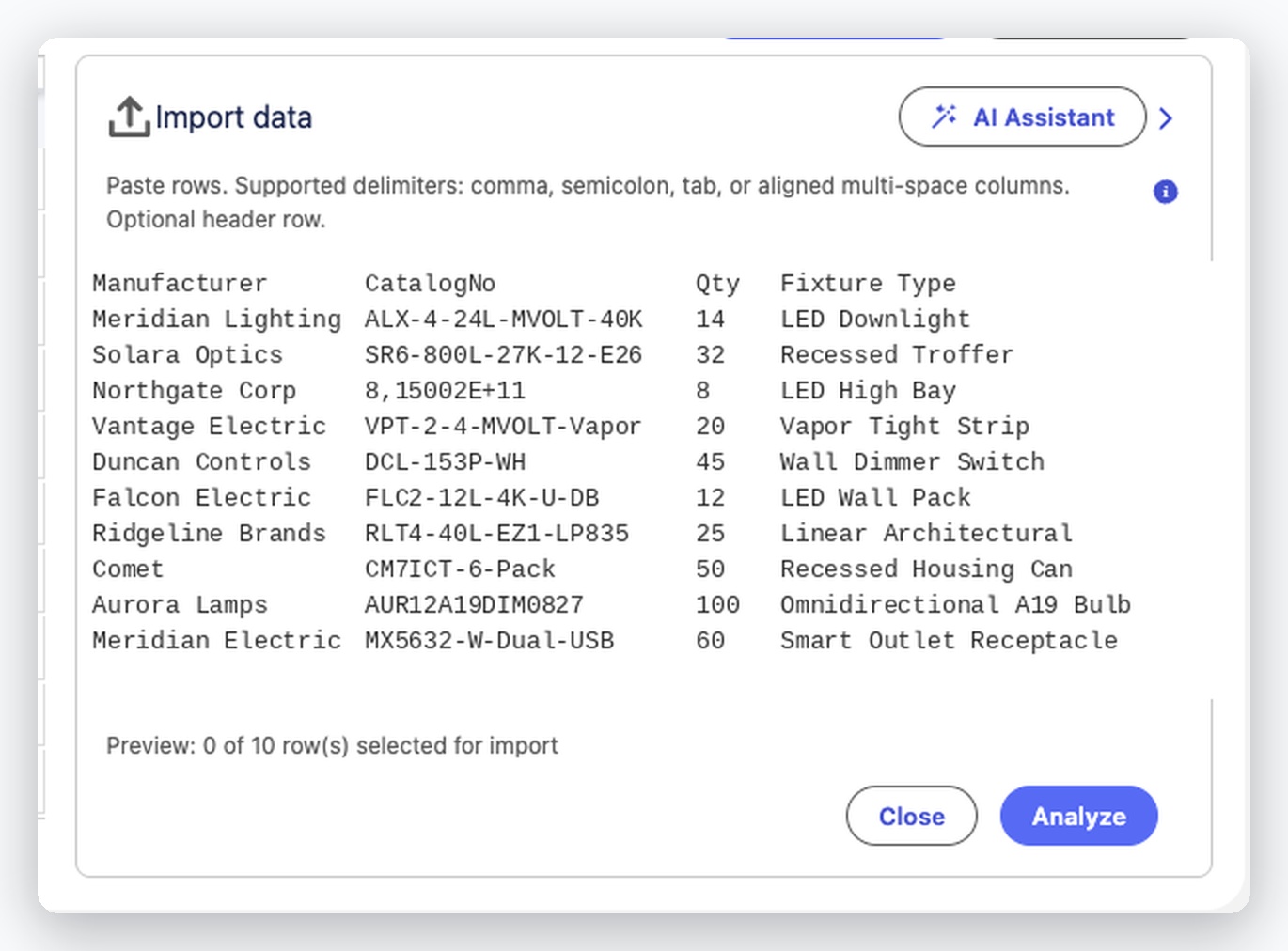 Close-up of the Quote Agent import panel listing manufacturer, catalog number, quantity and fixture type for ten pasted rows above the Analyze button