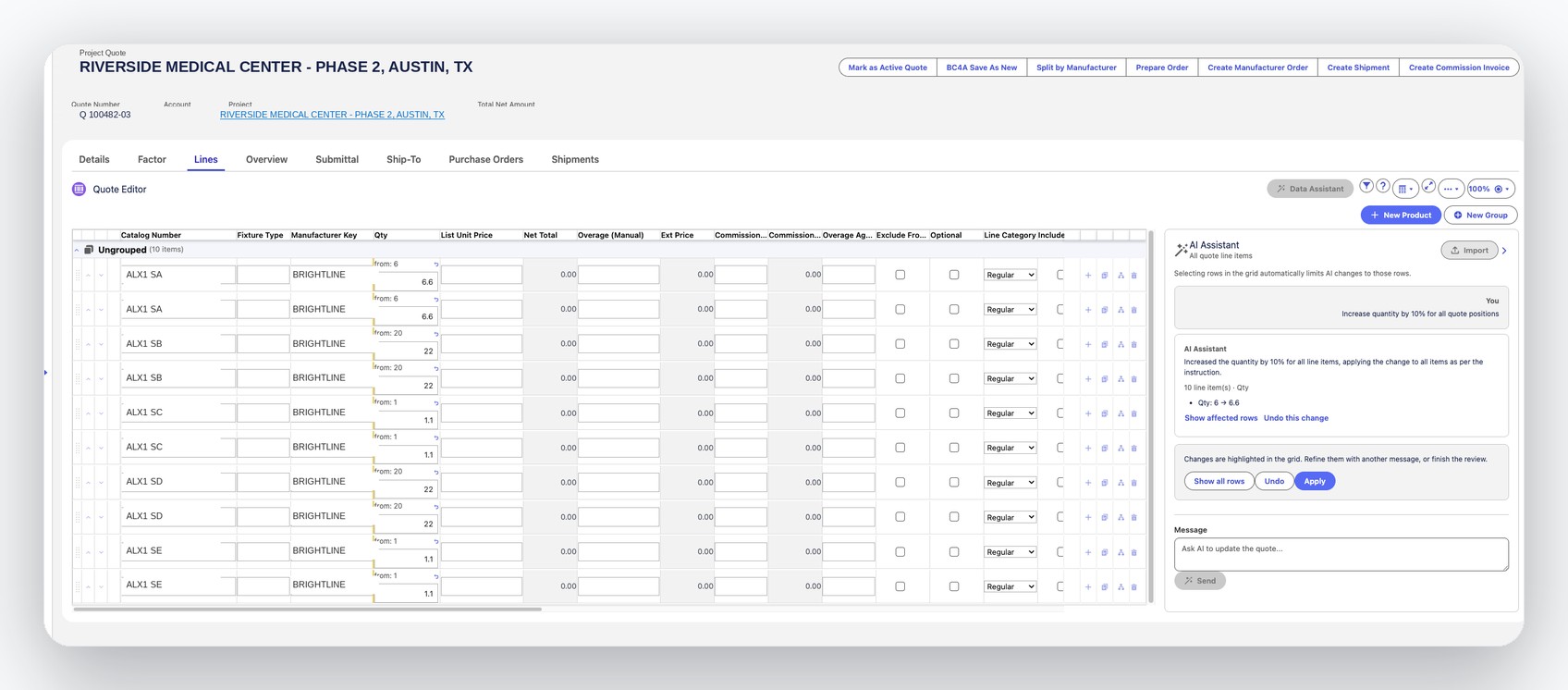 Quote Agent applying a ten percent quantity increase across every line item, with the previous and new quantity shown inline on each row