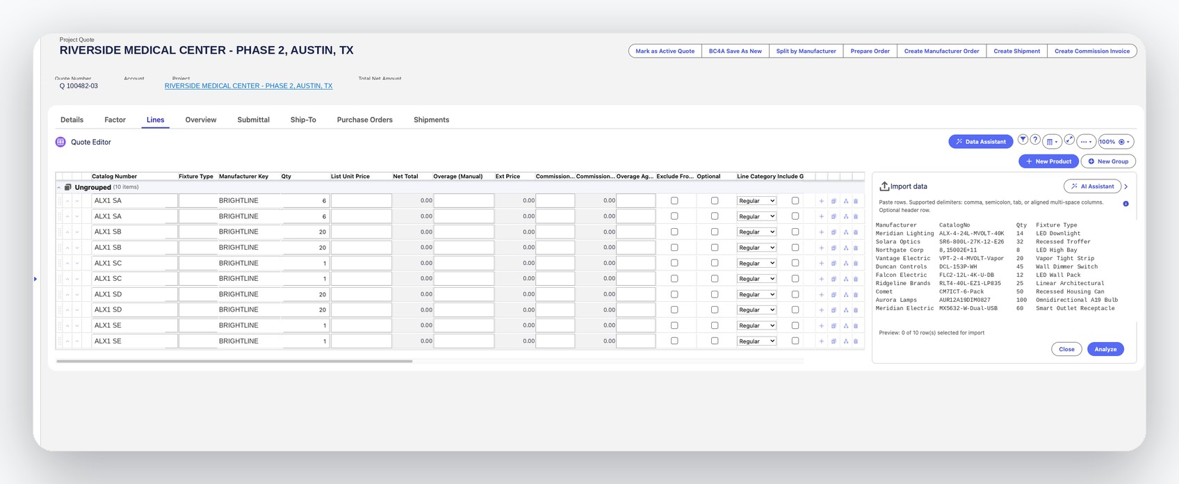 Baucore quote editor with the Quote Agent import panel open, showing ten line items pasted from a manufacturer price list