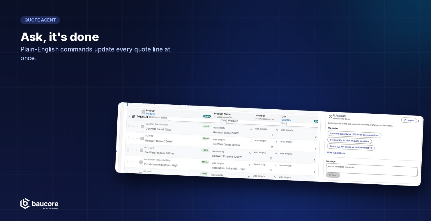 Quote Agent banner: "Ask, it's done": plain-English commands update every quote line at once